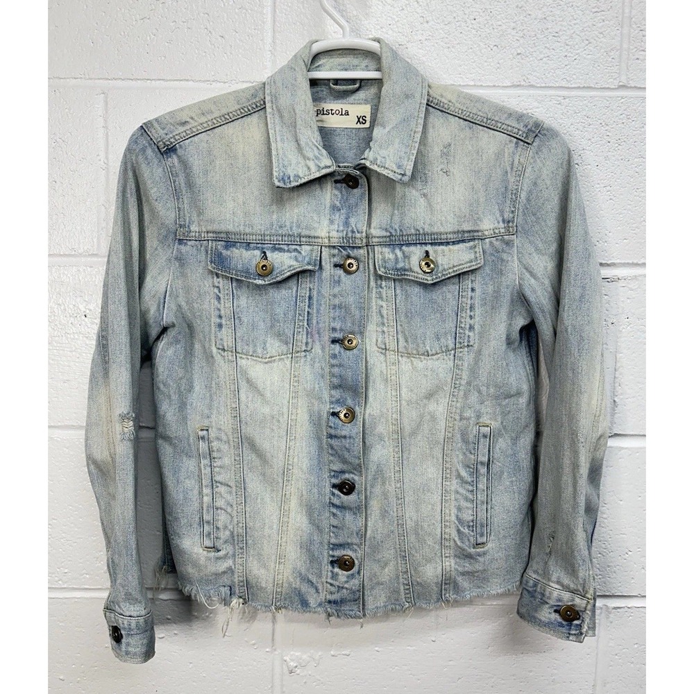 Pistola Denim Jacket Blue Sun Washed Distressed Raw Hem / Womens XS